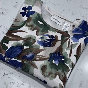Alfred Dunner Cream Floral Crewneck Sweater with Blue & Olive Accents